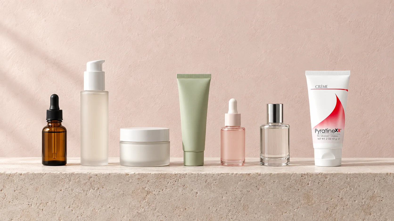 A bathroom shelf with six skin care products and the PyratineXR Crème tube